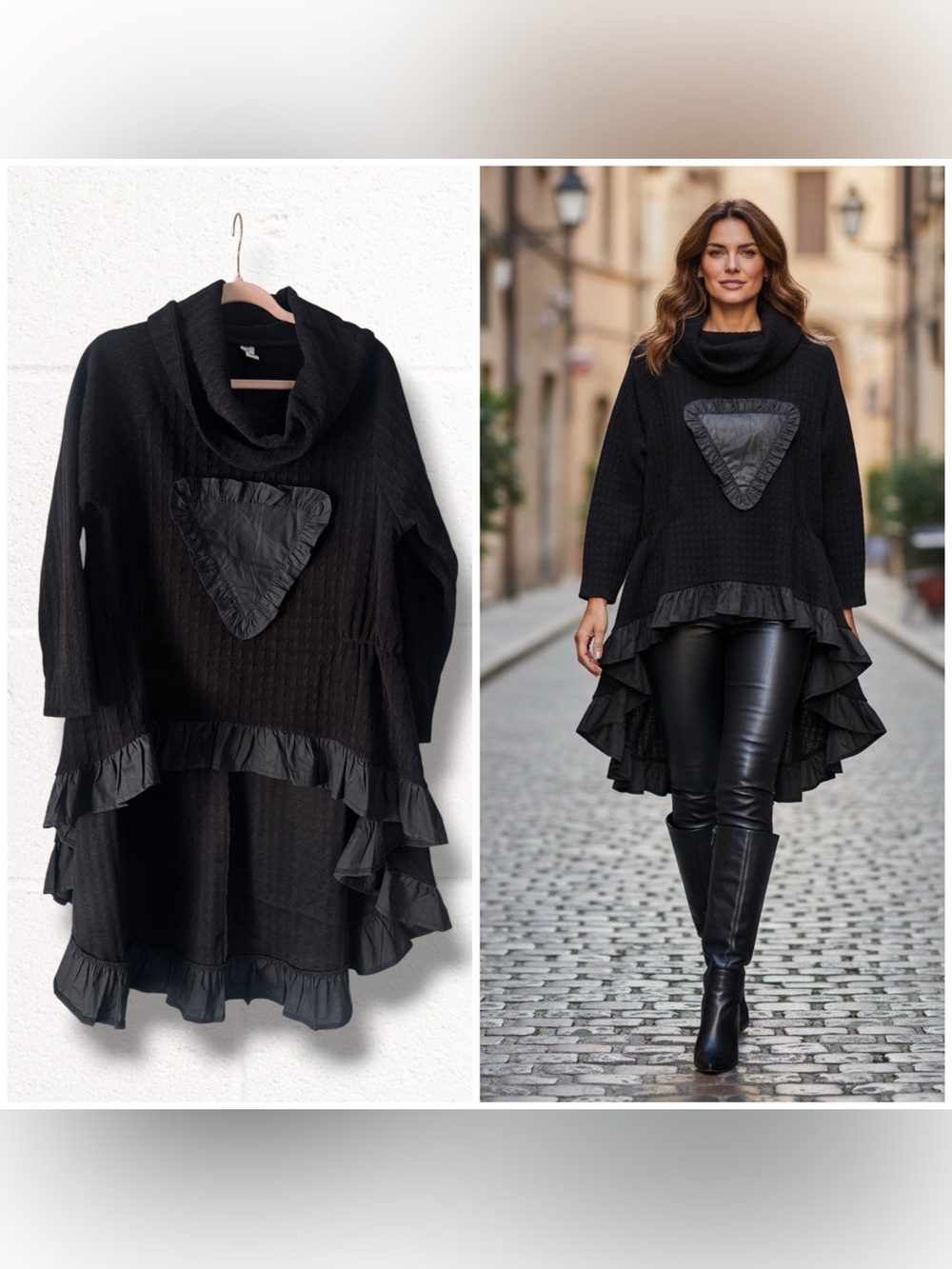 Simply Vanite Black Cowl Neck High-Low Ruffle Sweater Tunic